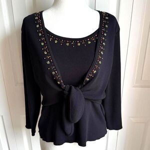 Vintage 90s Y2K beaded black tie front blouse size 10 by Sandra Darren